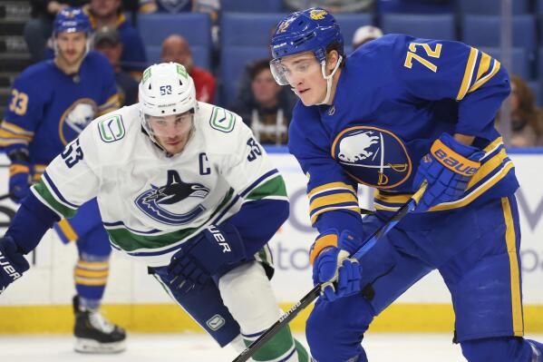 Buffalo Sabres forward Tage Thompson (72) carries the puck past Vancouver Canucks forward Bo Horvat (53) during the second period of an NHL hockey game Tuesday, Oct. 19, 2021, in Buffalo, N.Y. (AP Photo/Jeffrey T. Barnes)