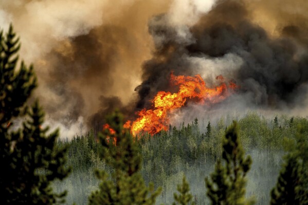 Flames from the Donnie Creek wildfire burn along a ridge top north of Fort St. John, British Columbia, Canada, Sunday, July 2, 2023. (AP Photo/Noah Berger)