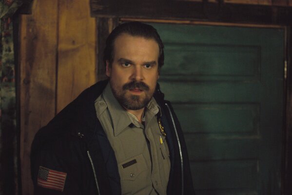 This image released by Netflix shows David Harbour in a scene from "Stranger Things."  On Wednesday, Dec. 11, 2019, Harbour was nominated for a SAG Award for best actor in a drama series. (Netflix via AP)