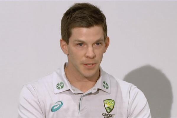In this image made from video, Australia test cricket captain Tim Paine announces that he is standing down as cricket captain during a press briefing Friday, Nov. 19, 2021, in Hobart, Tasmania, Australia. Pain has quit after being investigated by Cricket Australia for sending explicit text messages to a female co-worker four years ago. (Australian Broadcasting Corporation  via AP)