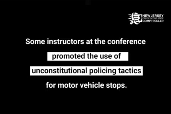 This still image provided by New Jersey State Comptroller Office shows a graphic from the NJ State Comptrollers Office report regarding a police training video. An October 2021 police training seminar in New Jersey, instructors made lewd comments about women, encouraged officers to pull people over for no reason and showed a photo of a monkey after discussing pulling over a 75-year-old Black man, according to a new state comptroller's report.” (New Jersey State Comptroller Office via AP)