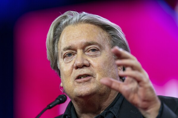 FILE - Steve Bannon speaks at the Conservative Political Action Conference, CPAC 2023, March 3, 2023, at National Harbor in Oxon Hill, Md. Former President Donald Trump's longtime ally has appealed his criminal conviction for defying a subpoena from the House committee investigating the Jan. 6 insurrection at the U.S. Capitol. (AP Photo/Alex Brandon, File)