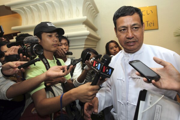 FILE - Deputy Information Minister and spokesperson of Myanmar's President Ye Htut, talks to journalistsl on Monday, Aug. 12, 2013 in Yangon, Myanmar. Ye Htut, a former high-profile Myanmar army officer who had served as information minister and presidential spokesperson in a previous military-backed government has been arrested and charged with spreading false or inflammatory news, it was announced Sunday, Oct. 29, 2023. (AP Photo/Khin Maung Win, file)