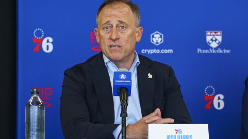 Philadelphia 76ers owner Josh Harris takes questions from the media during a press conference at the NBA basketball team's facility, Thursday, June 1, 2023, in Camden, N.J. (AP Photo/Chris Szagola)