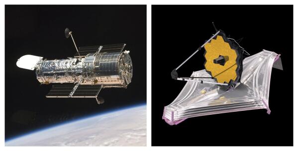 This combination of images made available by NASA shows the Hubble Space Telescope orbiting the Earth and an illustration of the James Webb Space Telescope. With NASA and the European Space Agency's Hubble pushing 32 years in orbit, the bigger, 100 times more powerful Webb is widely viewed as its successor even though the two are vastly different. (NASA via AP)