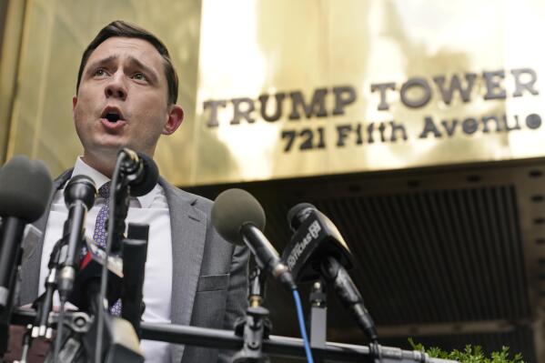 Lawyer Benjamin Dictor speaks to reporters after helping to depose former President Donald Trump in New York, Monday, Oct. 18, 2021. Trump is in New York City to provide a videotaped deposition in a case about his security team's crackdown on a protest during the early days of his presidential campaign in 2015. (AP Photo/Seth Wenig)