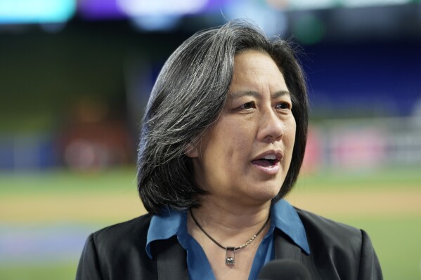 FILE - Miami Marlins General Manager Kim Ng speaks with the news media, Thursday, Jan. 19, 2023, in Miami. Kim Ng is leaving the Miami Marlins after three seasons as their general manager, Marlins chairman and principal owner Bruce Sherman said Monday, Oct. 16, 2023. Ng, the first female general manager in MLB history, was in the final year of her contract after being hired in November 2020.(AP Photo/Lynne Sladky, File)