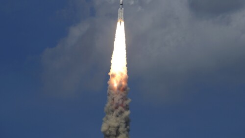 Indian spacecraft Chandrayaan-3, the word for "moon craft" in Sanskrit, blasts off from the Satish Dhawan Space Centre in Sriharikota, India, Friday, July 14, 2023. The Indian spacecraft blazed its way to the far side of the moon Friday in a follow-up mission to its failed effort nearly four years ago to land a rover softly on the lunar surface, the country's space agency said. A successful landing would make India the fourth country, after the United States, the Soviet Union, and China, to achieve the feat. (AP Photo/Aijaz Rahi)