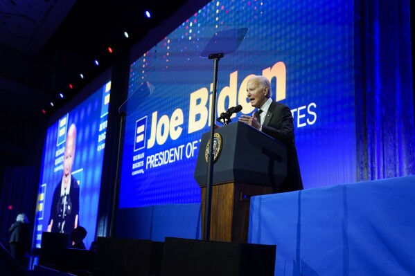 President Joe Biden speaks at the 2023 Human Rights Campaign National Dinner, Saturday, Oct. 14, 2023, in Washington. (AP Photo/Manuel Balce Ceneta)