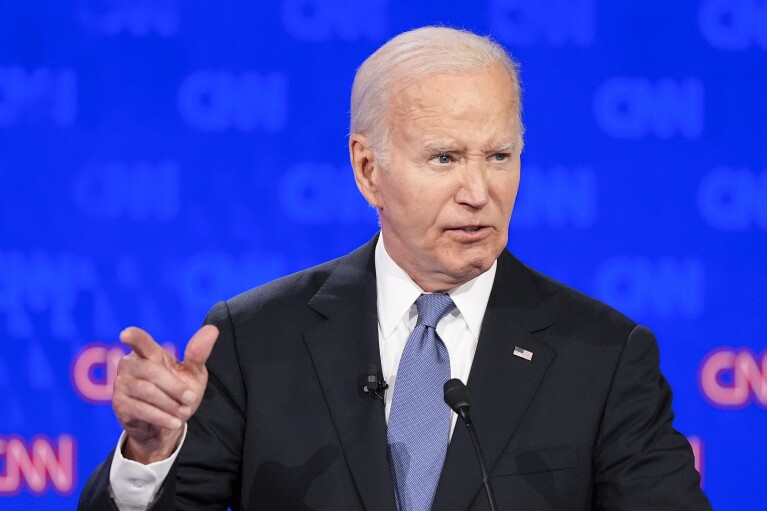 President Joe Biden speaks during a presidential debate with Republican presidential candidate former President Donald Trump, Thursday, June 27, 2024, in Atlanta. (AP Photo/Gerald Herbert)