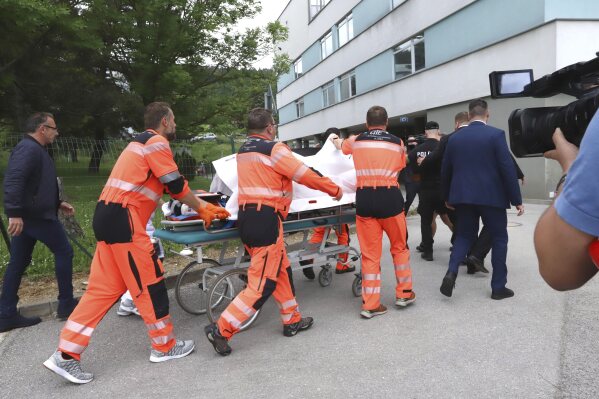 Rescue workers take Slovak Prime Minister Robert Fico, who was shot and injured, to a hospital in the town of Banska Bystrica, central Slovakia, Wednesday, May 15, 2024. Slovakia’s populist Prime Minister Robert Fico is in life-threatening condition after being wounded in a shooting Wednesday afternoon, according to his Facebook profile. (Jan Kroslak/TASR via Ǻ)