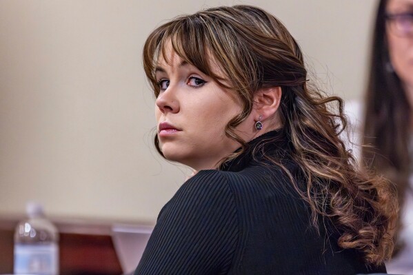 Hannah Gutierrez-Reed, the former armorer for the Western film "Rust," listens to closing arguments in her trial at district court, Wednesday, March 6, 2024, in Santa Fe, N.M. (Luis Sánchez Saturno/Santa Fe New Mexican via AP, Pool, File)