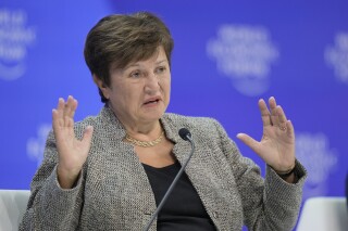 FILE - Kristalina Georgieva, Managing Director of the International Monetary Fund takes part in a panel discussion at the Annual Meeting of World Economic Forum in Davos, Switzerland, Jan. 17, 2024. Strong economic activity in the United States and emerging markets is projected to help drive global growth by about 3% in 2024, the International Monetary Fund chief said Thursday, below the annual historic average and a warning sign about potential lackluster performances through the 2020s. (AP Photo/Markus Schreiber, File)