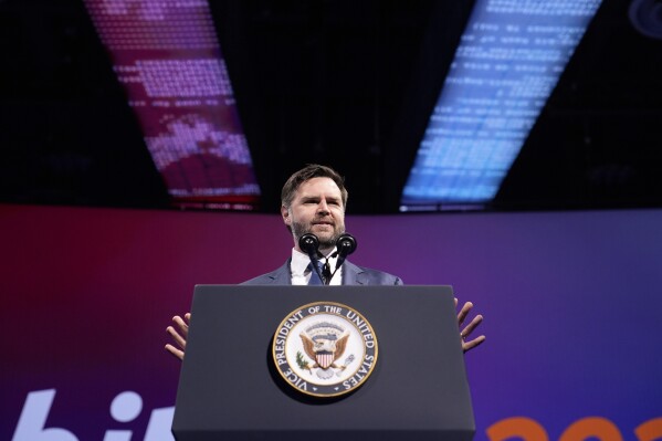 Vice President JD Vance speaks at Bitcoin 2025 Wednesday, May 28, 2025, in Las Vegas. (AP Photo/John Locher)