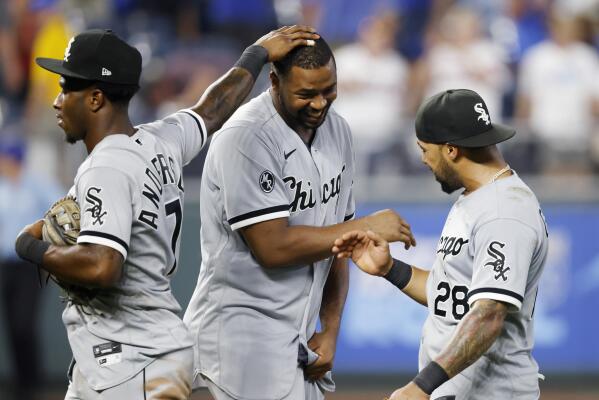 KANSAS CITY, MO - JULY 27: Chicago White Sox left fielder Eloy Jimenez (74)  celebrates as after hitting the game winning home run in the eighth inning  during a Major League Baseball