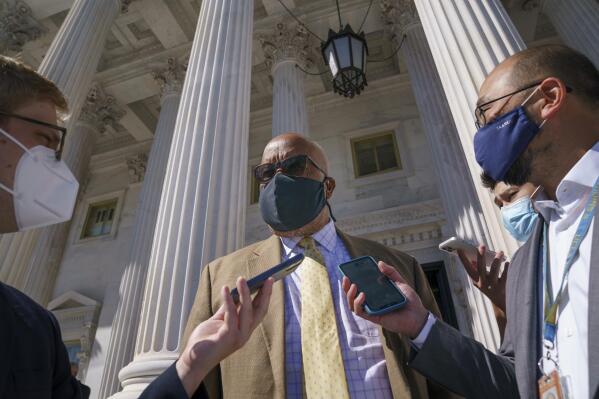 FILE - In this Sept. 24, 2021, file photo, Rep. Bennie Thompson D-Miss., chairman of the House Select Committee on the January 6th attack speaks with reporters outside the Capitol in Washington. (AP Photo/J. Scott Applewhite, File)