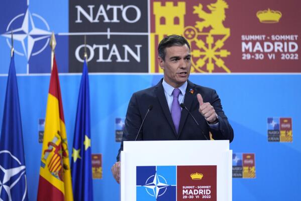 Spanish Prime Minister Pedro Sanchez speaks during a media conference at the end of a NATO summit in Madrid, Spain on Thursday, June 30, 2022. North Atlantic Treaty Organization heads of state met for the final day of a NATO summit in Madrid on Thursday. (AP Photo/Bernat Armangue)