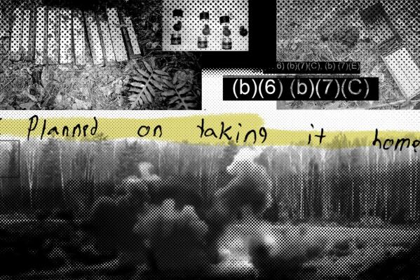 A photo illustration combining a defendant’s written statement in the case of explosives he stole from Camp Lejeune, North Carolina, evidence photos of fragmentation grenades, evidence photos of C4 explosives, document exemption blocks, and a screen capture of an explosion from a generic demolition exercise video.  (AP Illustration)