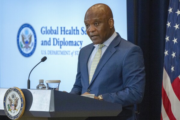 Ambassador-at-Large John Nkengasong, new head of the Bureau of Global Health Security and Diplomacy at the State Department, speaks during the launch of the new bureau, Tuesday, Aug. 1, 2023, at the State Department in Washington. (AP Photo/Jacquelyn Martin)