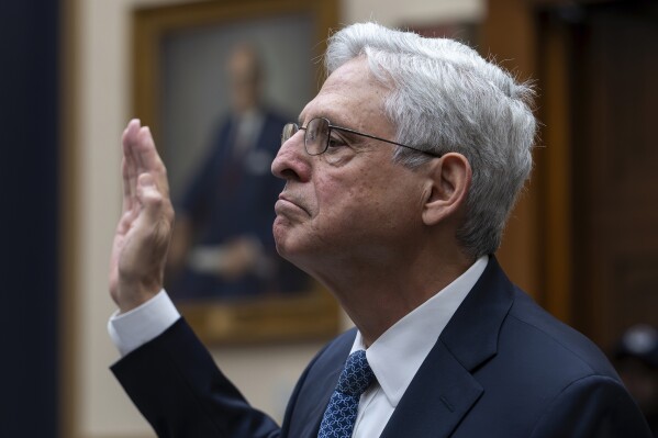 Attorney General Merrick Garland is sworn in as he appears before a House Judiciary Committee hearing, Wednesday, Sept. 20, 2023, on Capitol Hill in Washington. (AP Photo/J. Scott Applewhite)