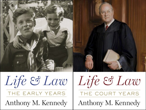 This combination of images shows cover art for a two-volume memoir by retired Supreme Court Justice Anthony M. Kennedy “Life and Law: The Early Years” and “Life and Law: The Court Years” to be published Oct. 1. (Simon & Schuster via AP)