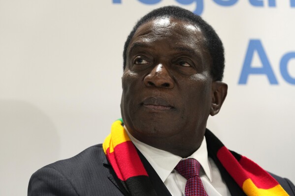 FILE - President Emmerson Mnangagwa, of Zimbabwe, attends a session at the Africa Pavilion at the COP27 U.N. Climate Summit, Nov. 7, 2022, in Sharm el-Sheikh, Egypt.Zimbabwe’s main opposition party went to court Saturday, July 8, 2023 to challenge a police decision to ban it holding a rally in the buildup to what will be highly scrutinized elections next month. The opposition Citizens Coalition for Change party has been told it cannot hold the gathering in the town of Bindura north of the capital Harare on Sunday. (AP Photo/Peter Dejong, File)