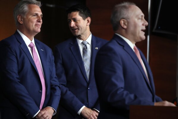 
              FILE - In this Sept. 13, 2018 file photo, House Speaker Paul Ryan of Wis., center, talks with House Majority Leader Kevin McCarthy of Calif., left, while House Majority Whip Steve Scalise, R-La., speaks during a news conference in Washington. As Ryan bows out of Congress, he leaves no obvious heir apparent. House Republicans are scrambling to salvage their majority but also confronting a potentially messy GOP leadership battle regardless of which party controls the chamber after the November election. (AP Photo/Jacquelyn Martin)
            