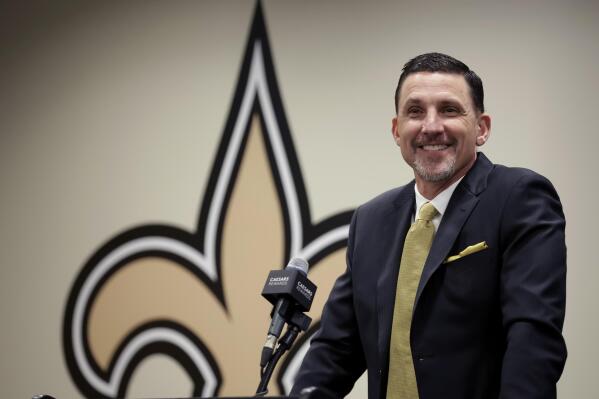 FILE - New Orleans Saints new head coach Dennis Allen speaks during a news conference at the NFL football team's training facility Feb. 8, 2022, in Metairie, La. The Saints have been relatively small players in free agency this offseason. They figure to be more active in next week’s draft. “As an overall philosophy,” first-year head coach Allen said, “I’d rather augment our team through free agency and really build our team through the draft.” (AP Photo/Derick Hingle, File)