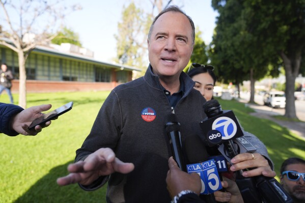 Rep. Adam Schiff, D-Calif., fields questions after voting, Tuesday, March 5, 2024, in Burbank, Calif. Schiff is running for U.S. Senate to replace the late Sen. Dianne Feinstein. (AP Photo/Marcio Jose Sanchez)
