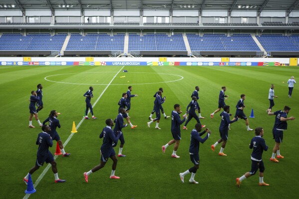 France players train during a training session in Paderborn, Germany, Saturday, June 15, 2024. France will play against Austria during their Group D soccer match at the Euro 2024 soccer tournament on June 17. (AP Photo/Hassan Ammar)