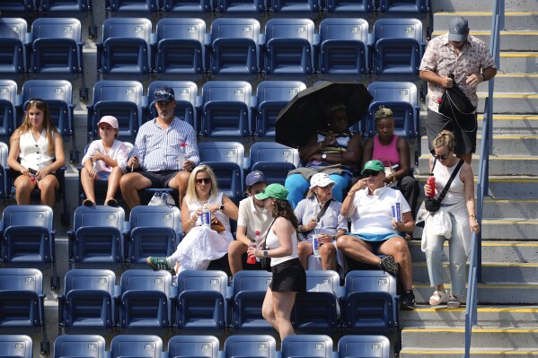 Spectators move to their seats during play between Varvara Gracheva, of France, and Coco Gauff, of the United States, during the first round of the U.S. Open tennis championships, Monday, Aug. 26, 2024, in New York. (AP Photo/Matt Rourke)