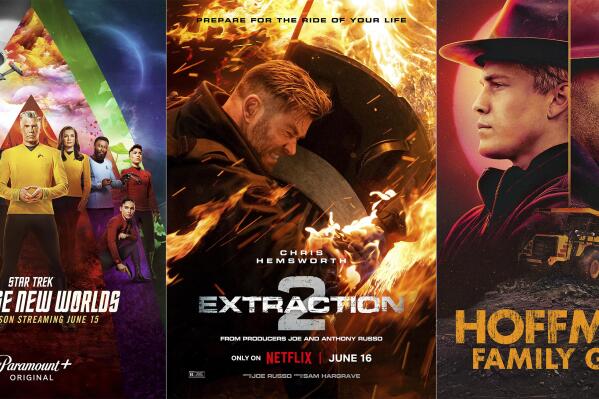 This combination of images shows promotional art for season two of “Star Trek: Strange New Worlds” premiering on June 15 on Paramount+, left, "Extraction 2," a film premiering June 18 on Netflix and season two of "Hoffman Family Gold," premiering June 16 on Discovery Channel. (Paramount+/Netflix/Discovery via AP)