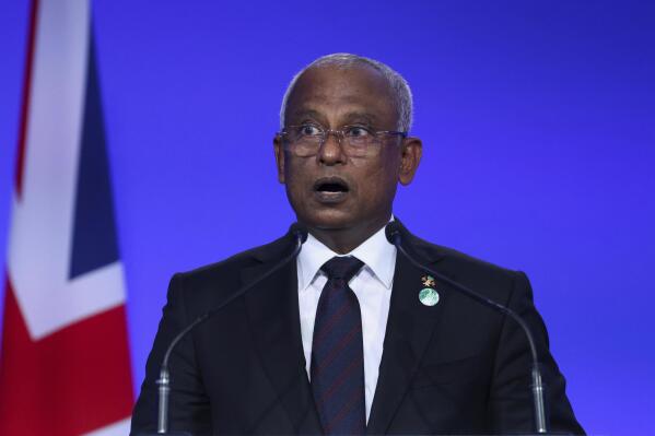 FILE - Maldives President Ibrahim Mohamed Solih speaks at the opening ceremony of the UN Climate Change Conference COP26 in Glasgow, Scotland, on Nov. 1, 2021. Solih defeated Mohamed Nasheed, the parliament speaker and a former president, in the Maldivian Democratic Party primary held Saturday night, Jan. 28, 2023. (Yves Herman/Pool Photo via AP, File)