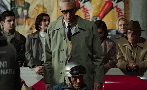 This image released by Neon shows Adam Driver in a scene from "Ferrari." (Eros Hoagland/Neon via AP)