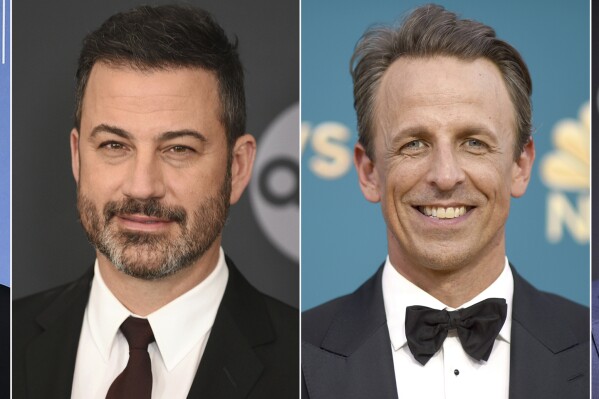 This combination of images shows, from left, Jimmy Fallon, Jimmy Jimmy Kimmel, Seth Meyers, and Stephen Colbert. LateNighter, a website and newsletter that follows late-night television comedy, began in February. (AP Photo)