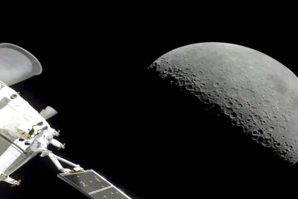 NASA's Orion spacecraft flew past the moon on Monday, December 5, 2022. The crew capsule and its test dummies will aim for a Pacific Ocean splashdown on Sunday, December 11, 2022, off the coast of San Diego after a three-week test flight, setting the stage for astronauts on the next flight in a couple years. (NASA via AP)