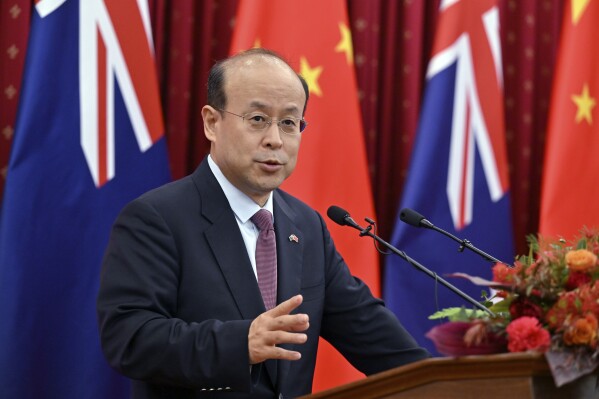 China's Ambassador to Australia Xiao Qian speaks to media at China's embassy in Canberra, Wednesday, Jan. 17, 2024. Xiao sought to reassure that China's increased involvement in the Pacific, particularly in policing efforts, should not be a cause of alarm for Australia. (Mick Tsikas/AAP Image via AP)