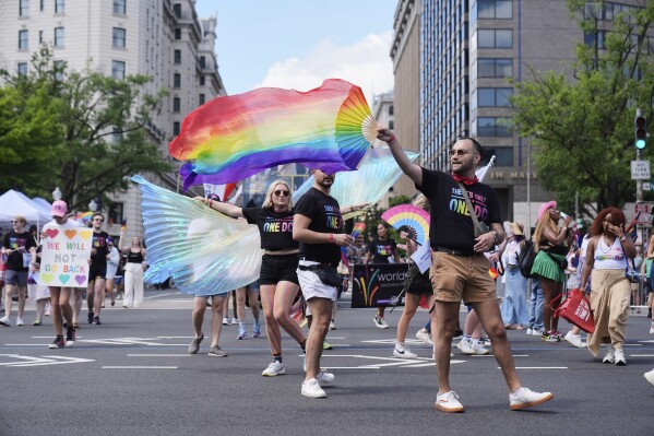Participants march during the World Pride parade, Saturday, June 7, 2025, in Washington. (AP Photo/Mark Schiefelbein)