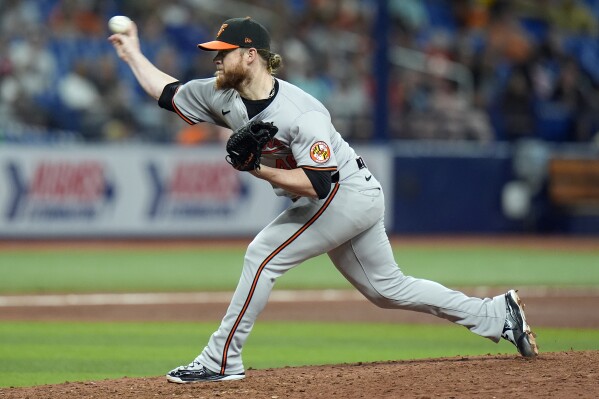 Baltimore Orioles relief pitcher Craig Kimbrel delivers to the Tampa Bay Rays during the ninth inning of a baseball game Monday, June 10, 2024, in St. Petersburg, Fla. (AP Photo/Chris O'Meara)
