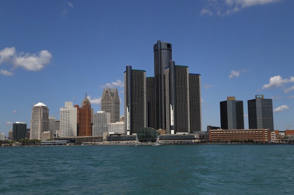 FILE - The Detroit skyline is seen, May 12, 2020, in Detroit. The city of Detroit — which has seen an exodus of tens of thousands of people — since the 1950s — has grown in population for the first in more than six decades, according to U.S. Census estimates. Data released Thursday, May 16, 2024, show Detroit's population rose by 1,852 people from 631,366 in 2022 to 633,218 last year. (AP Photo/Paul Sancya, File)