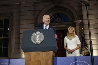 President Joe Biden speaks at a leaders' reception at the Metropolitan Museum of Art in New York, Tuesday, Sept. 19, 2023. Biden is in New York attending the 78th United Nations General Assembly as first lady Jill Biden listens. (AP Photo/Susan Walsh)