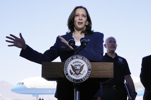 Vice President Kamala Harris talks to the media, Friday, June 25, 2021, after her tour of the U.S. Customs and Border Protection Central Processing Center in El Paso, Texas. Harris visited the U.S. southern border as part of her role leading the Biden administration's response to a steep increase in migration. (AP Photo/Jacquelyn Martin)