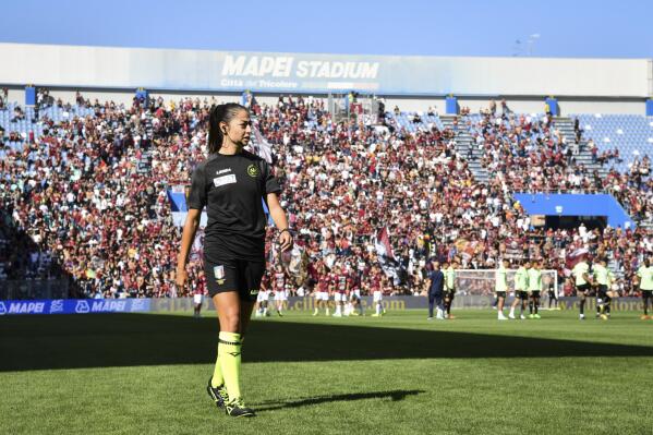 Referee Maria Sole Caputi Ferrieri on the pitch during the Serie A soccer match between Sassuolo and Salernitana at the Mapei stadium in Reggio Emilia, Italy, Sunday, Oct. 2, 2022. Caputi Ferrieri is the first woman to referee  a Serie A match. (Massimo Paolone/LaPresse via AP)