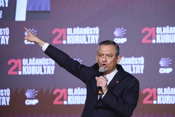 Republican People's Party or (CHP) leader Ozgur Ozel delivers a speech during a CHP convention, in Ankara, Sunday, April 6, 2025. (AP Photo/Ali Unal)