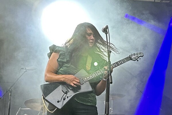 FILE - Black Belt Eagle Scout performs during the Pitchfork Music Festival at Union Park in Chicago, Saturday, July 22, 2023. (AP Photo/Michael Casey, File)