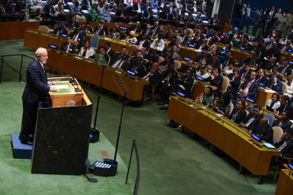 Luiz Inácio Lula da Silva, President of Brazil, addresses the 78th session of the United Nations General Assembly at United Nations headquarters, Tuesday, Sept. 19, 2023. (AP Photo/Seth Wenig)