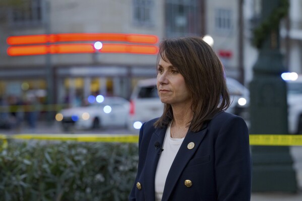 Louisiana Attorney General Liz Murrill speaks to reporters, Jan. 1, 2025, in New Orleans. (AP Photo/Matthew Hinton, file)