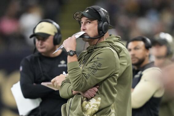 New Orleans Saints head coach Dennis Allen watches from the sideline in the first half of an NFL football game against the Los Angeles Rams in New Orleans, Sunday, Nov. 20, 2022. (AP Photo/Gerald Herbert)