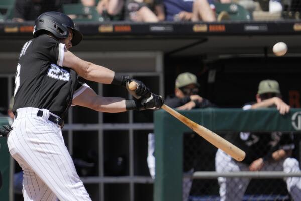 Chicago White Sox's Andrew Benintendi bats during a baseball game