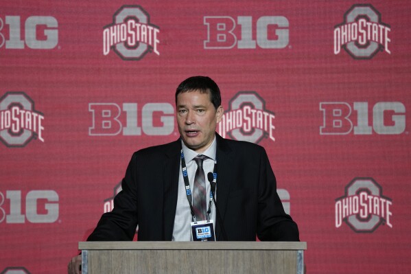 Ohio State head coach Kevin McGuff speaks during Big Ten NCAA college basketball Media Days Monday, Oct. 9, 2023, in Minneapolis. (AP Photo/Abbie Parr)